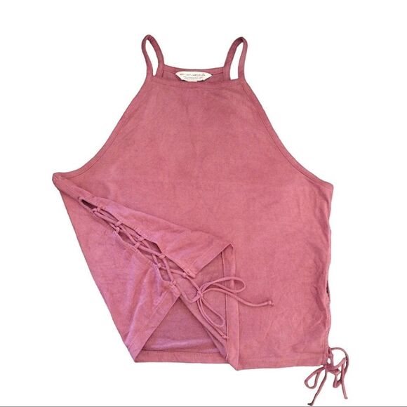 AEO Mauve Suede High Neck Lace Up Sides Crop Tank Top Large - Picture 4 of 16